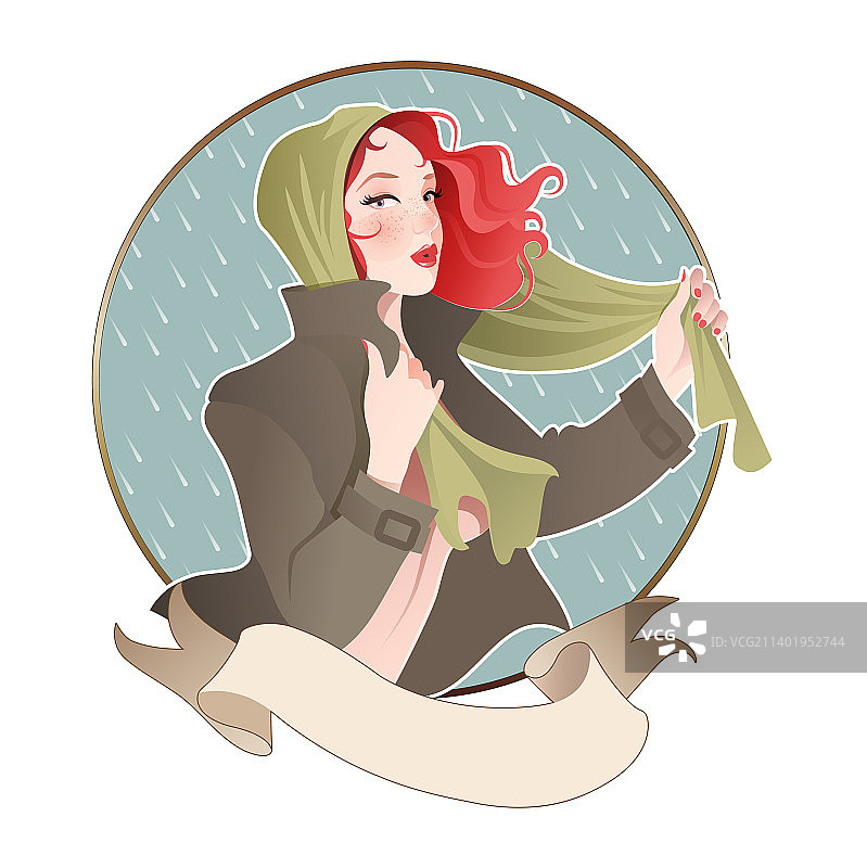 复古卡通风格雨中海报女郎图片素材