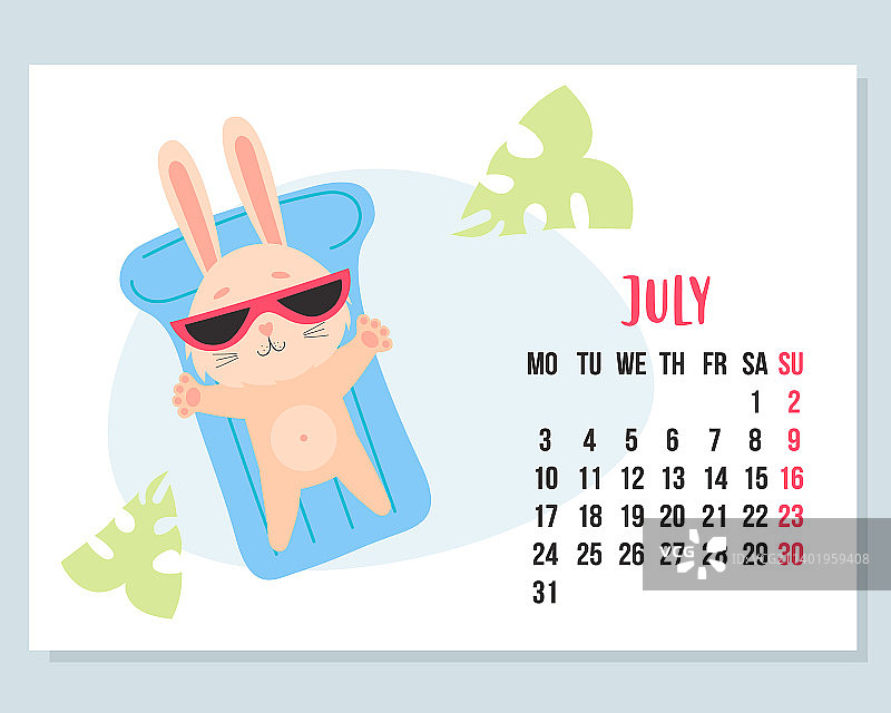 2023年7月日历：可爱兔子度假图片素材