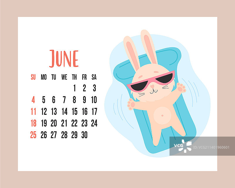 2023年6月横版日历可爱兔子图片素材