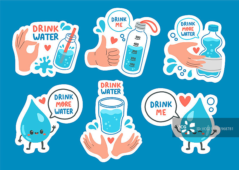 饮用更多水的扁平风格贴纸套装图片素材