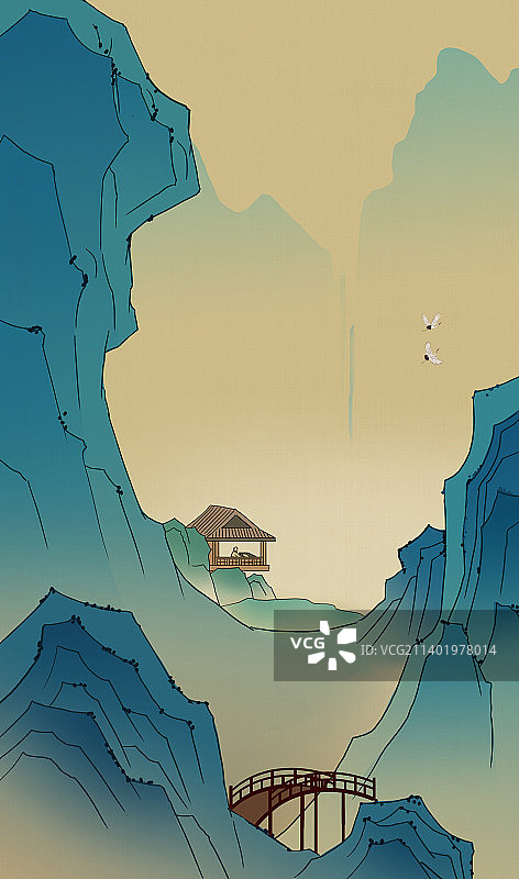 中国风新中式古风古典传统中国画青绿山水画风景地理插画图片素材