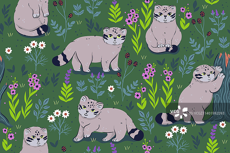 可爱兔狲猫和花朵无缝图案图片素材