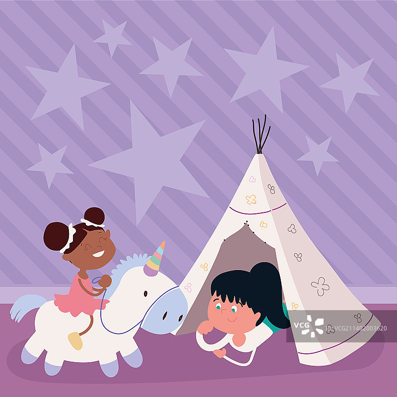 女孩们和独角兽一起玩耍图片素材
