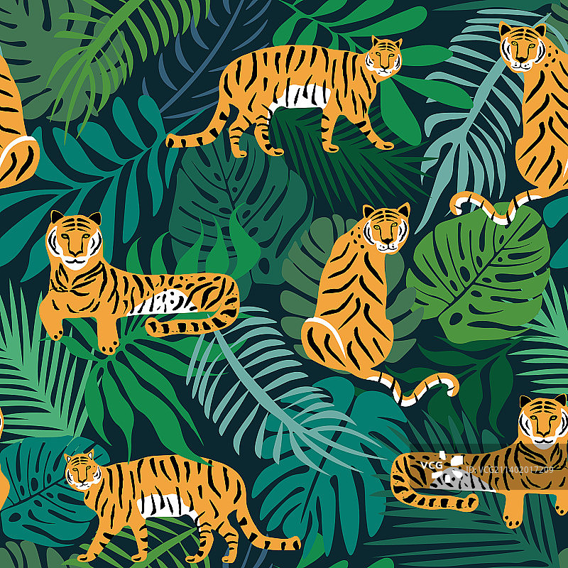 老虎与热带树叶无缝图案图片素材