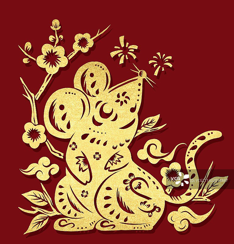 十二生肖剪纸金色鼠图片素材