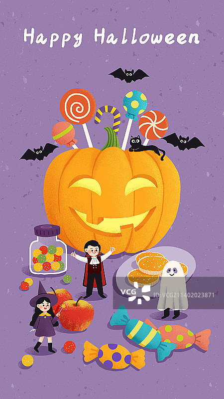 万圣节南瓜糖果小孩女巫吸血鬼幽灵竖版图片素材