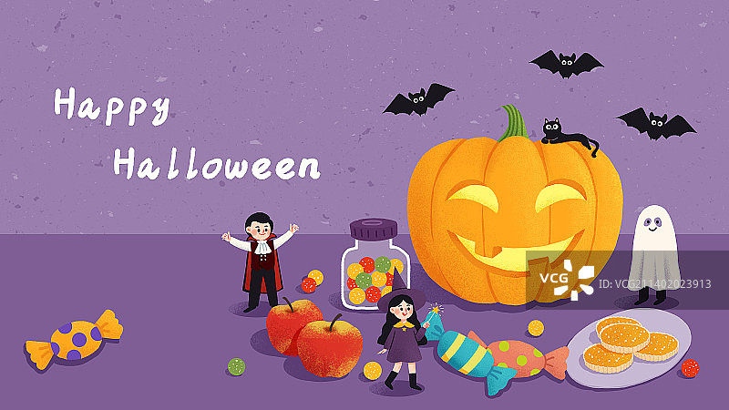 万圣节南瓜糖果小孩女巫吸血鬼幽灵横版图片素材