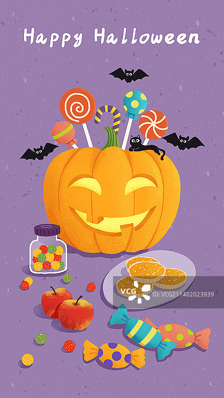 万圣节南瓜糖果黑猫竖版图片素材