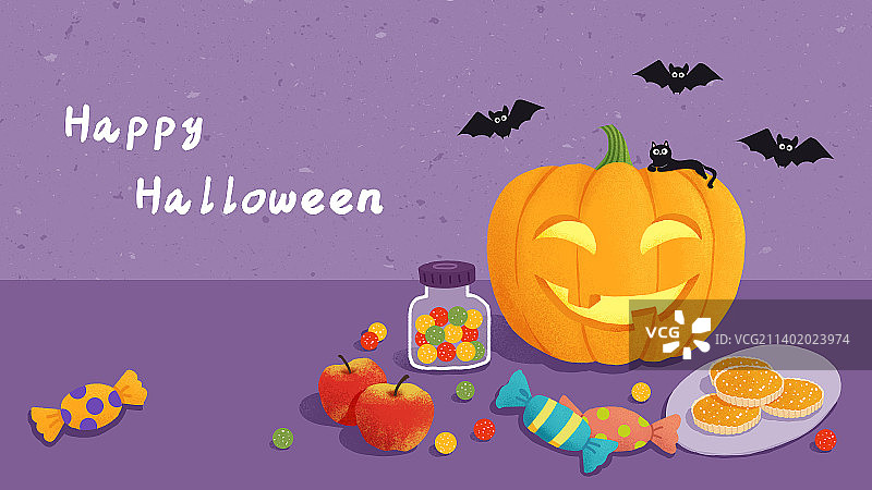 万圣节南瓜糖果黑猫横版图片素材