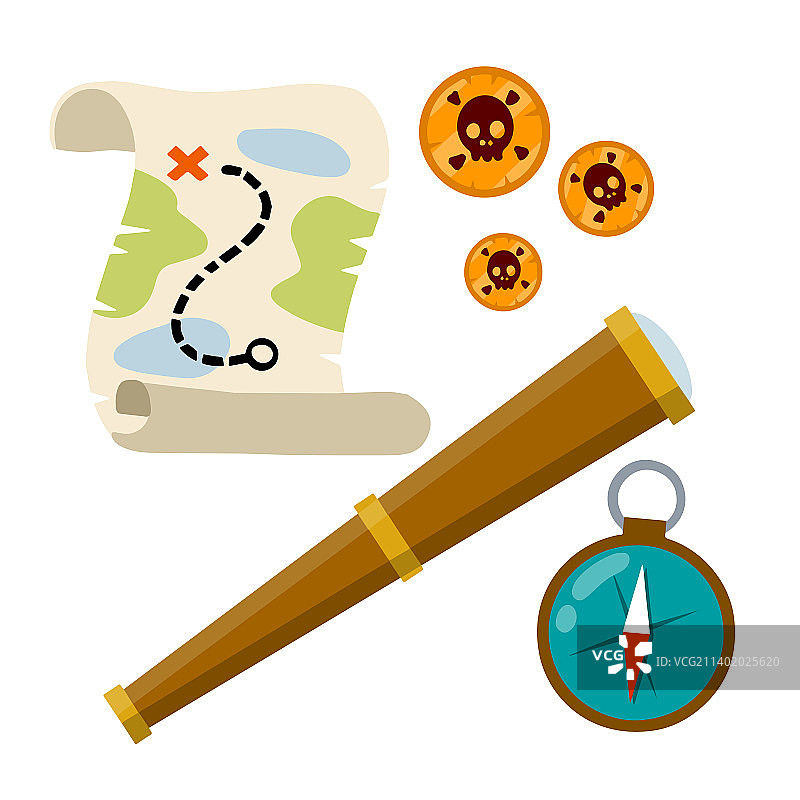 海盗藏宝图和金币组合图片素材