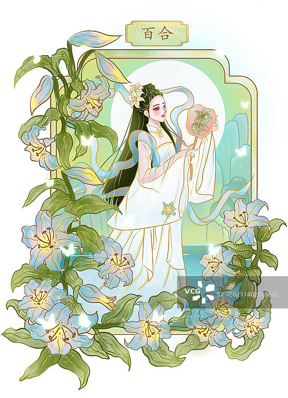 新中式国潮古风插画女人百合花植物蝴蝶月亮绿色蒲扇包装图片素材