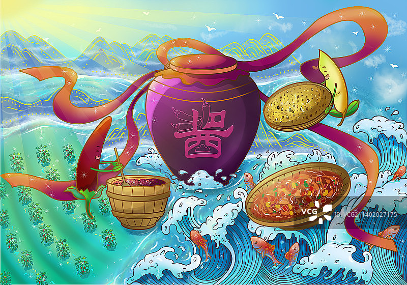 新中式国潮插画辣椒黄豆酱缸海浪鱼天空山水红丝带农作物图片素材
