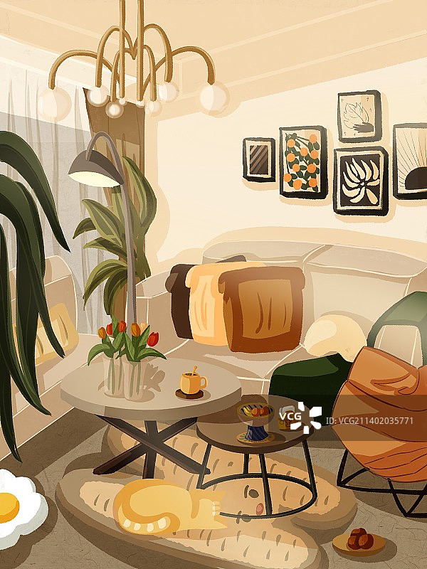 扁平风温馨客厅橙咖色调图片素材