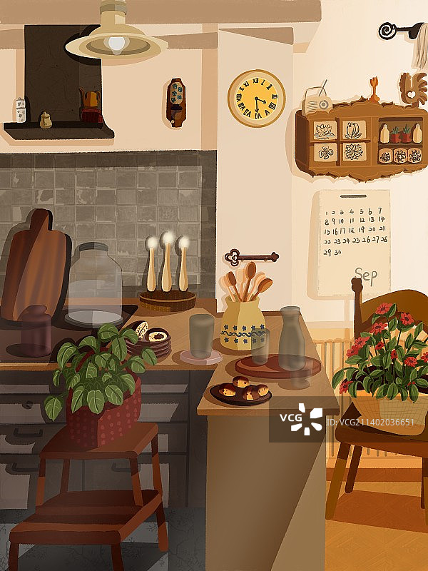 扁平风厨房温馨橙咖色调图片素材