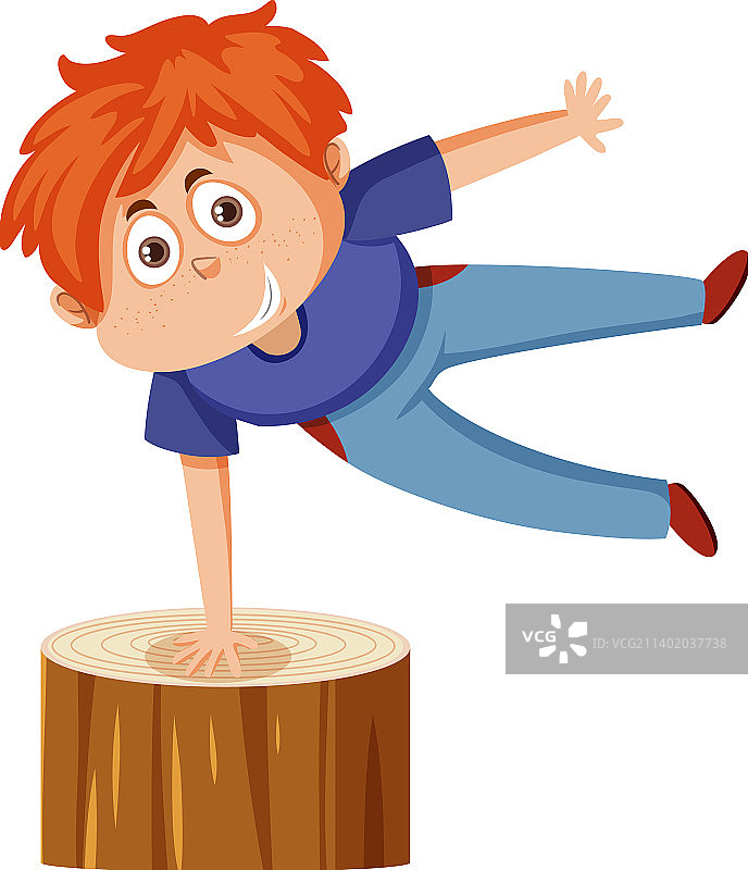 卡通人物男孩在树桩上倒立图片素材