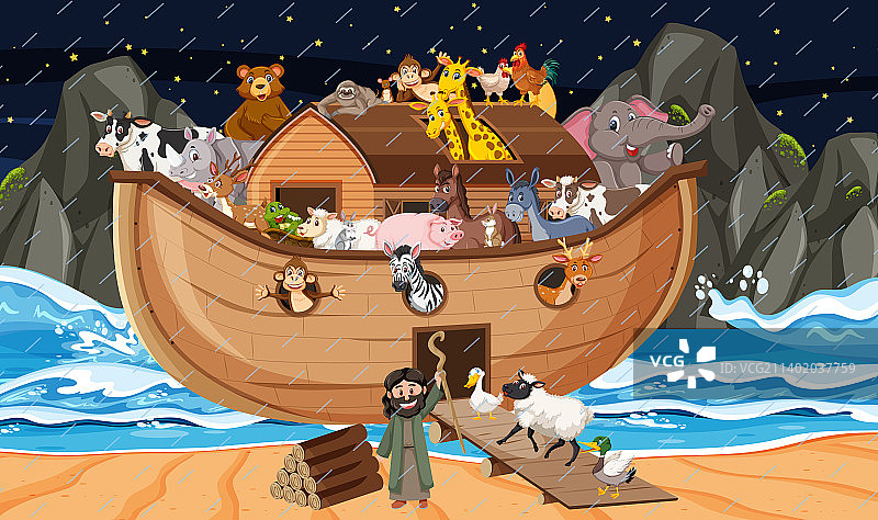 带有诺亚方舟和动物的海洋场景图片素材