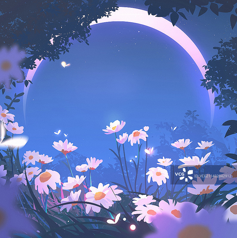 夜晚下发光的花田梦幻背景图片素材