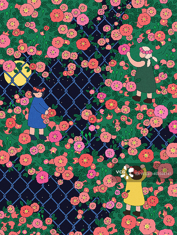 夜晚月亮星星照耀下三个小女孩在蔷薇花上玩耍粉红色开花植物的高角度视图图片素材