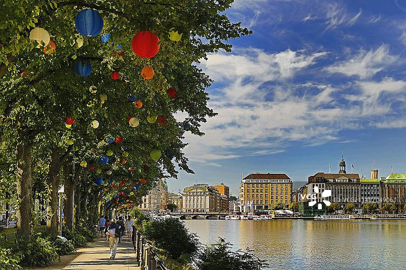 德国汉堡：内阿尔斯特湖畔灯笼装饰的树木图片素材