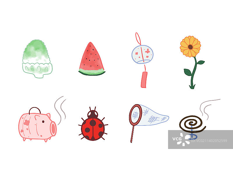 手绘可爱日式夏季物品套装图片素材