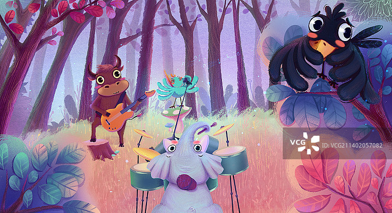 动物音乐象牛鸟绘本图片素材