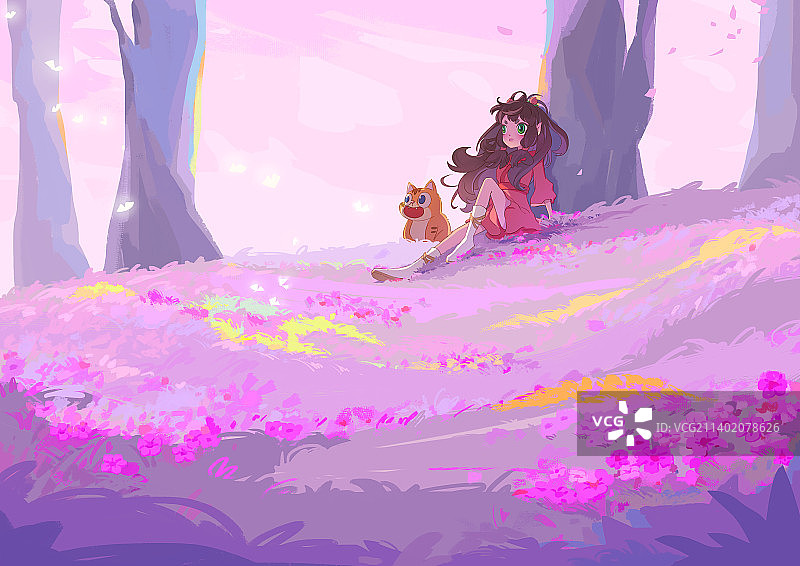 晚霞坐在草地上的女孩与猫图片素材