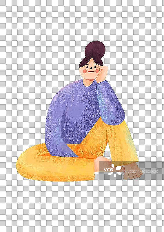 坐在地上用手托着下巴的女孩图片素材