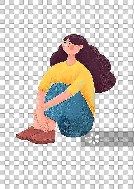 坐在地上双手抱着小腿望着远方的女孩图片素材