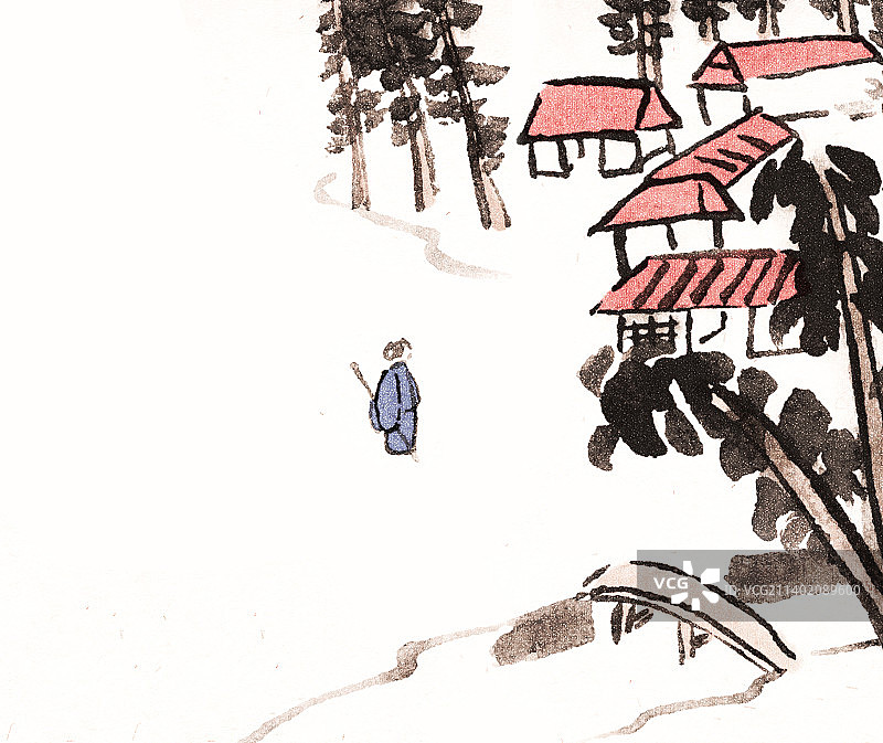 小桥流水人家古代文人画水墨山水屋舍风景诗意插画图片素材