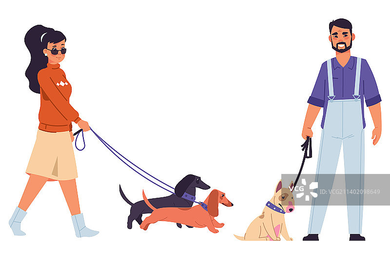 狗主人户外遛宠物腊肠犬图片素材