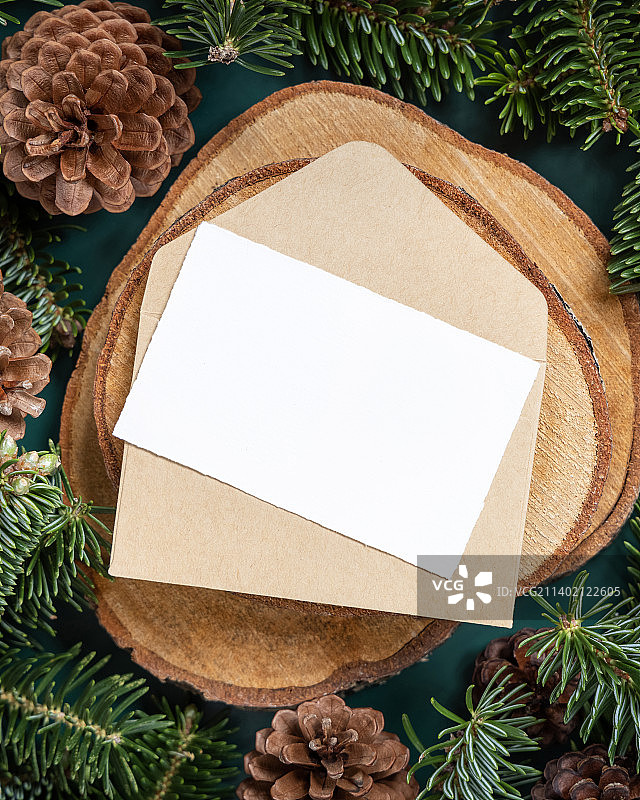 绿色特写中杉树枝和松果之间的圣诞节空白卡片和信封图片素材