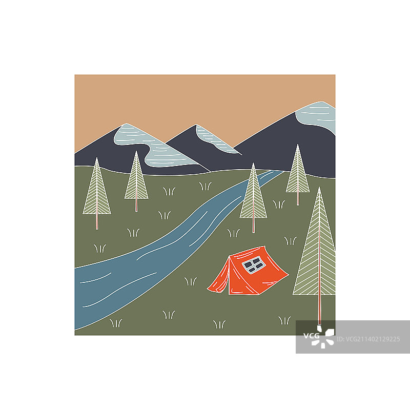 带有帐篷和山脉的扁平设计图片素材