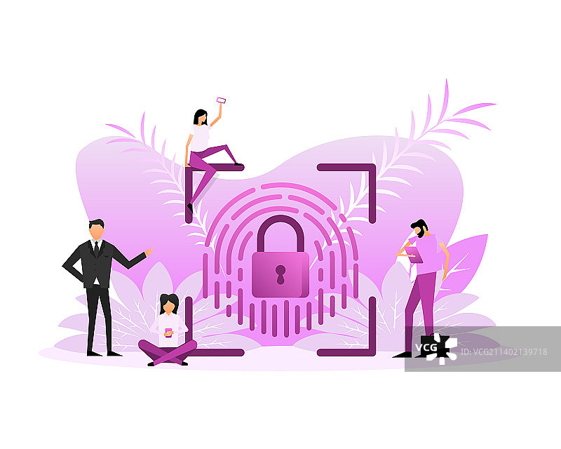 人们用智能手机扫描指纹（扁平风格）图片素材