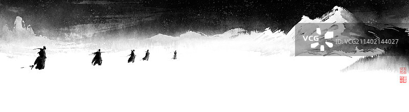 山坡上行走人群的笔触画图片素材