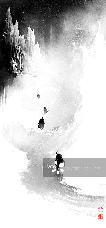 一群人攀登岩石山的画笔笔触绘画图片素材