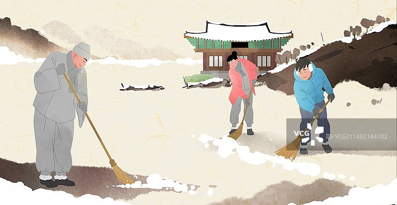 僧侣与人们在寺庙清洁的插画图片素材