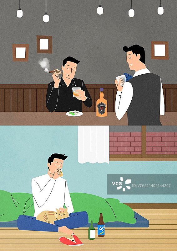 在酒吧的男子与在家独自饮酒的男子插画图片素材