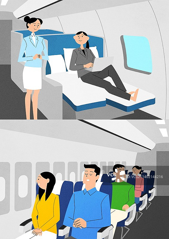 飞机头等舱中的女人和经济舱中的人们插画图片素材
