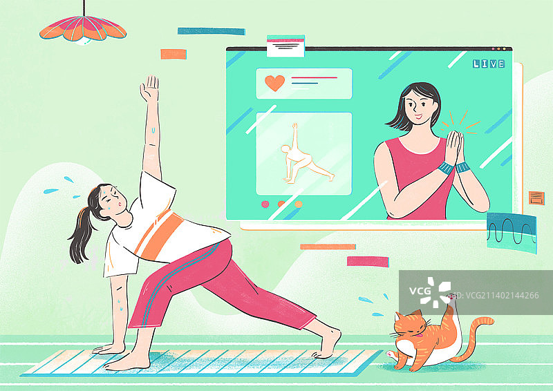 在家练习瑜伽的女人插画图片素材