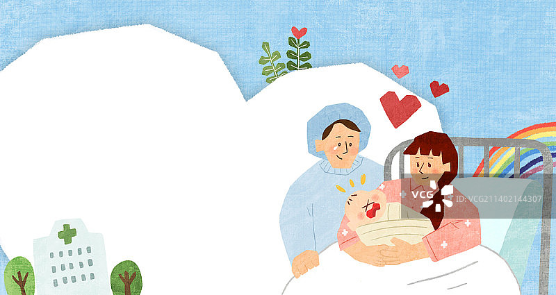 抱着新生儿和丈夫的女人插画图片素材