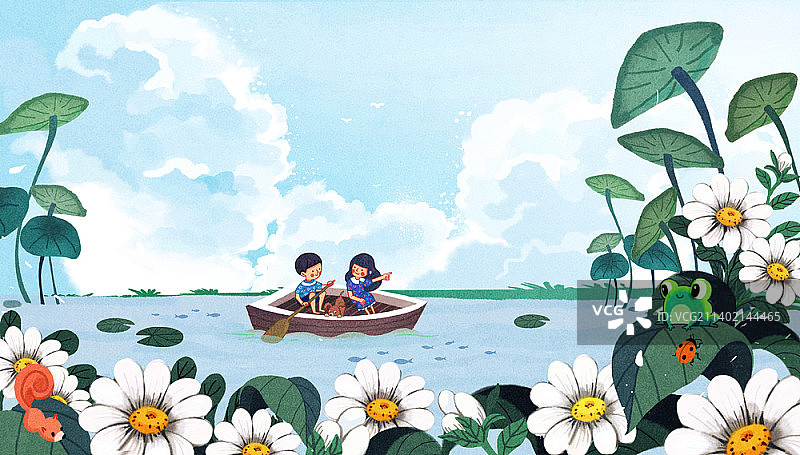 乘船的男孩和女孩插画图片素材