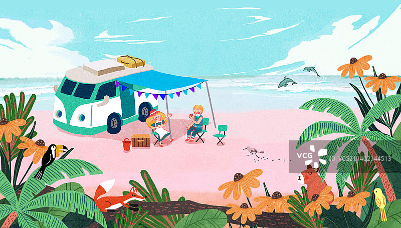 男孩和女孩在海滩附近露营插画图片素材