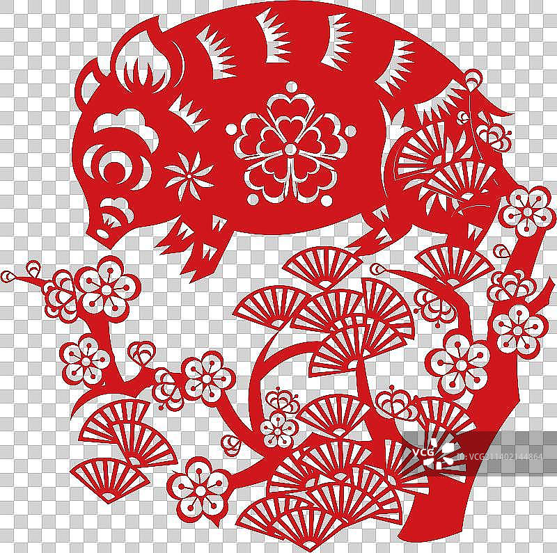 生肖猪植物纹样剪纸插画图片素材