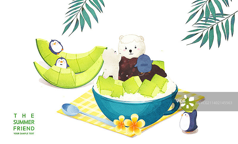 带有瓜、企鹅和北极熊的冰片插图图片素材