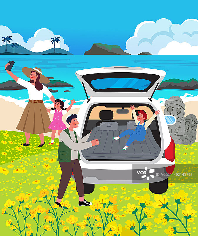 家庭在济州岛度假的矢量插画图片素材