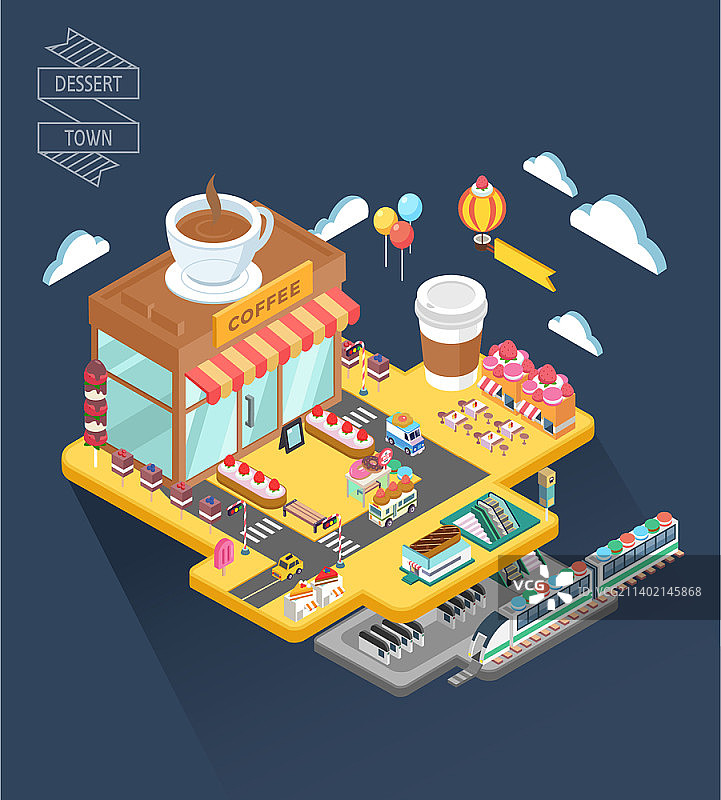 带有咖啡店的甜点小镇矢量插画图片素材