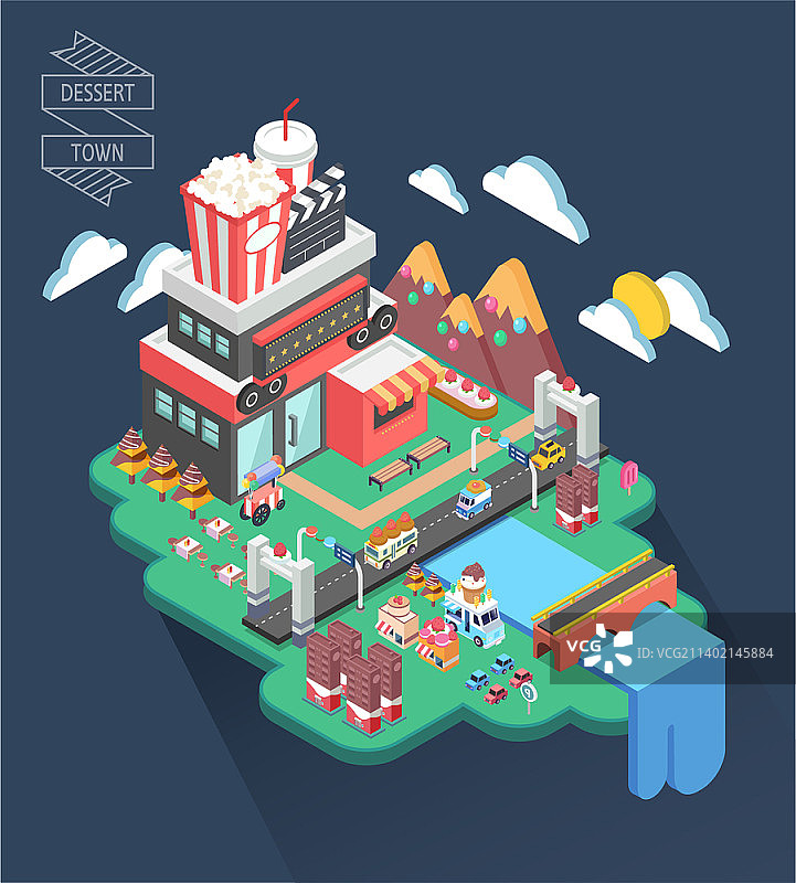 带有电影院的甜点小镇矢量插图图片素材