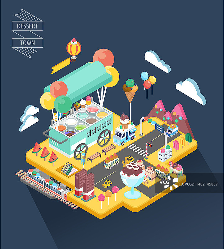 冰淇淋车甜点小镇矢量插画图片素材