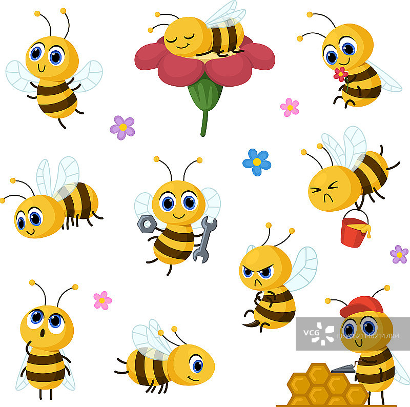 可爱的卡通蜜蜂、蜂蜜和蜜蜂儿童角色图片素材