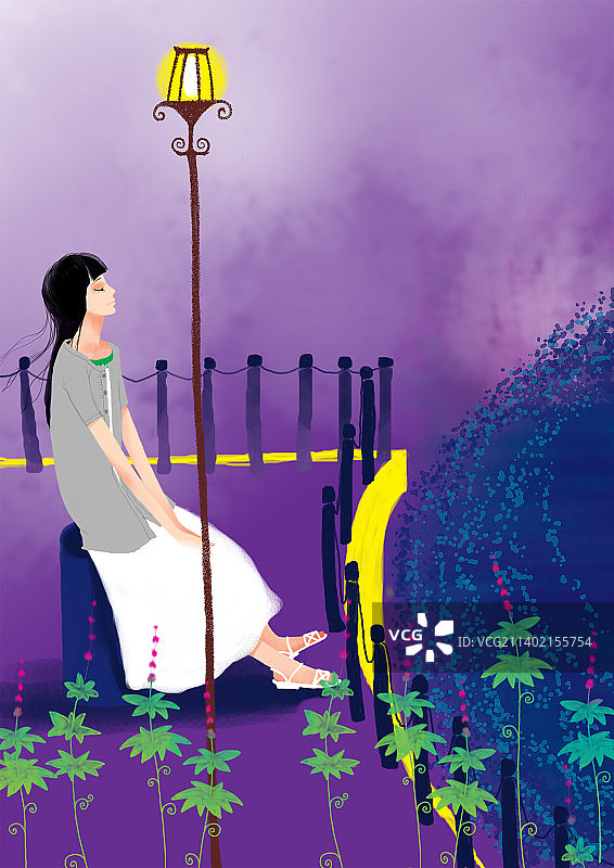 夜晚坐在椅子上的女孩图片素材